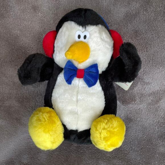 Vintage 90s HugFun Penguin Plush Ear Muffs Bow Tie Stuffed Animal TAGS 9" READ - Picture 8 of 12